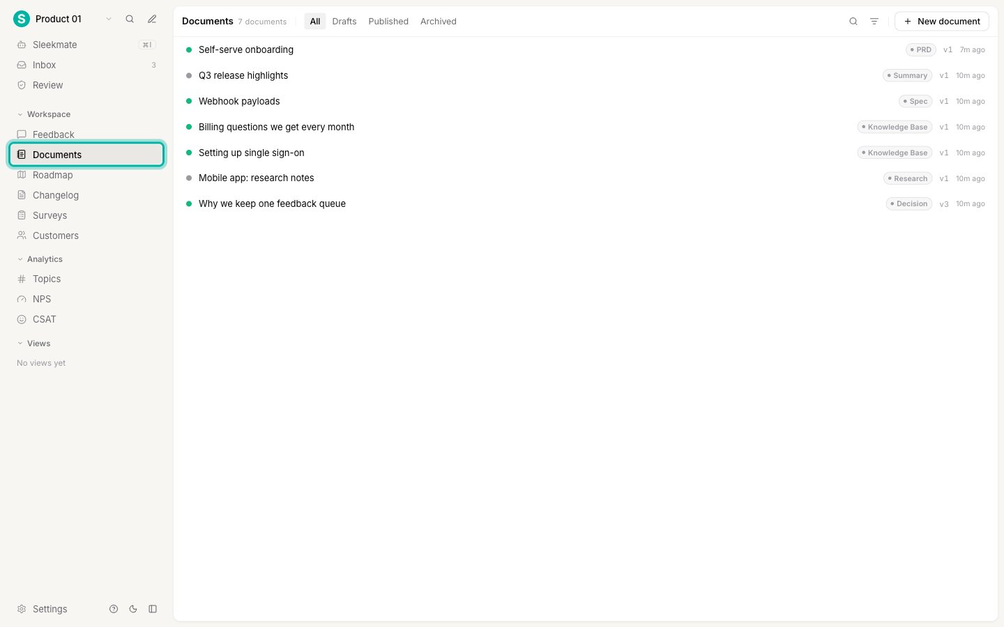 The workspace sidebar with the Documents entry highlighted