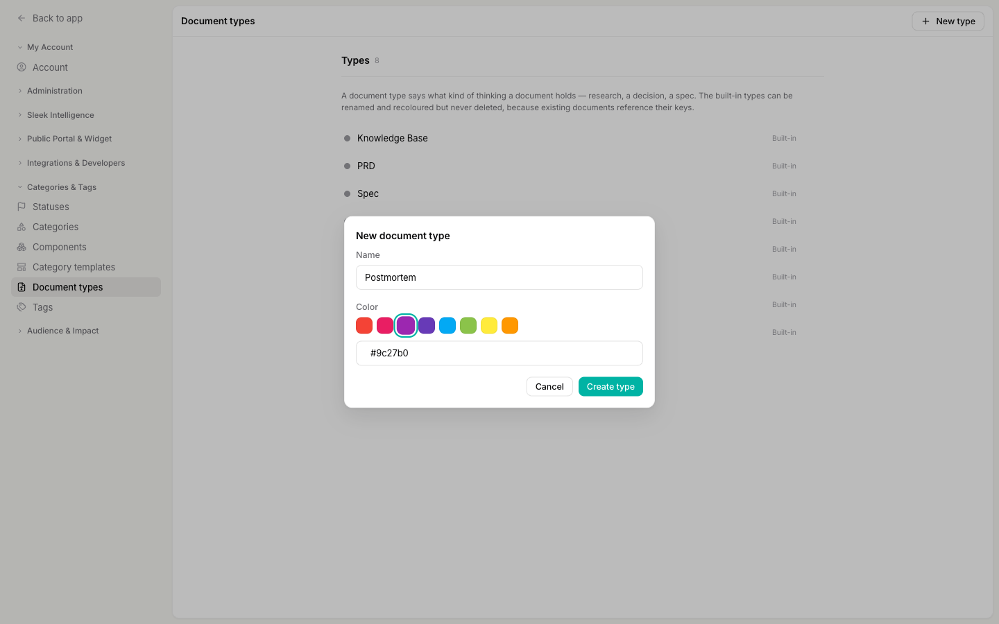 The New document type dialog with a name and a colour selected