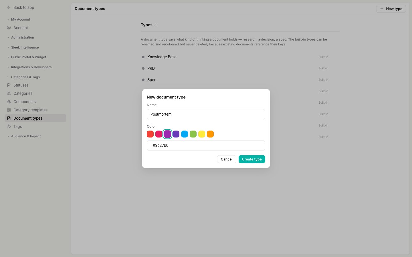 The New document type dialog with a name and a colour selected