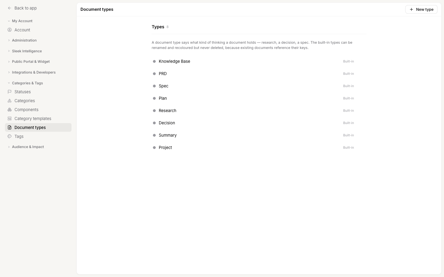 The Document types settings page listing the built-in types