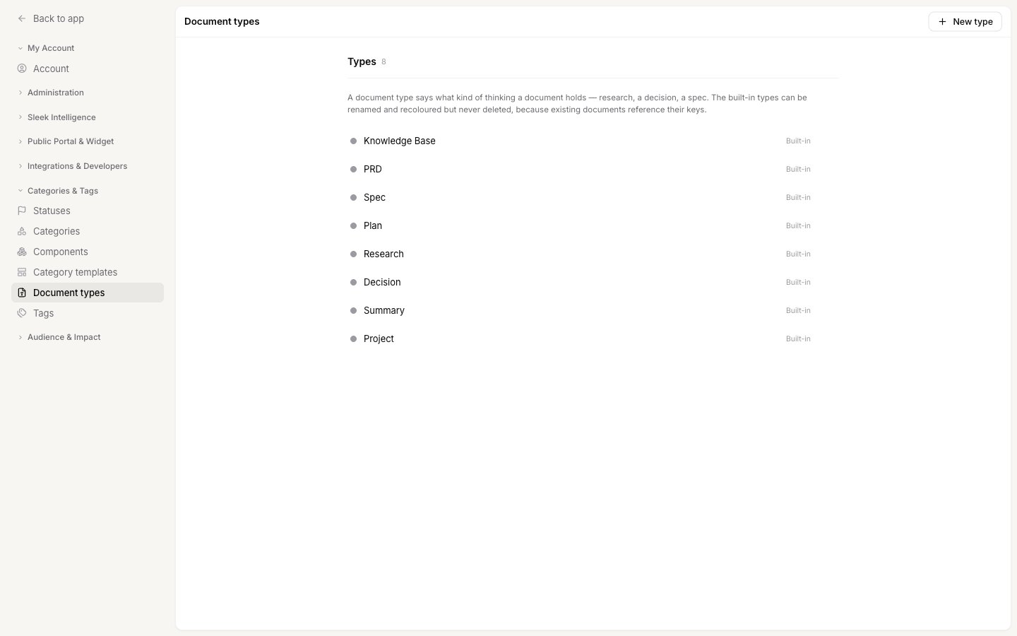 The Document types settings page listing the built-in types