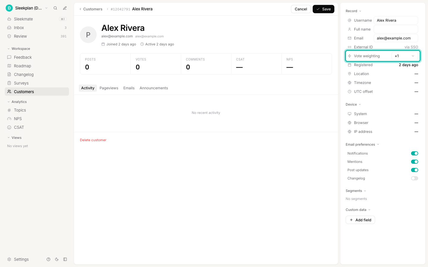 A customer record in edit mode with the Vote weighting field highlighted in the record panel