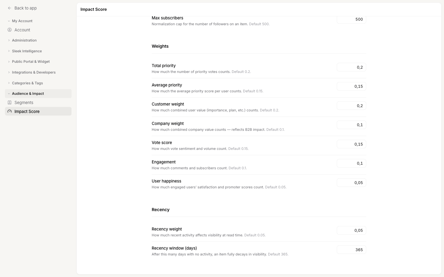 The Weights and Recency sections of the Impact Score settings