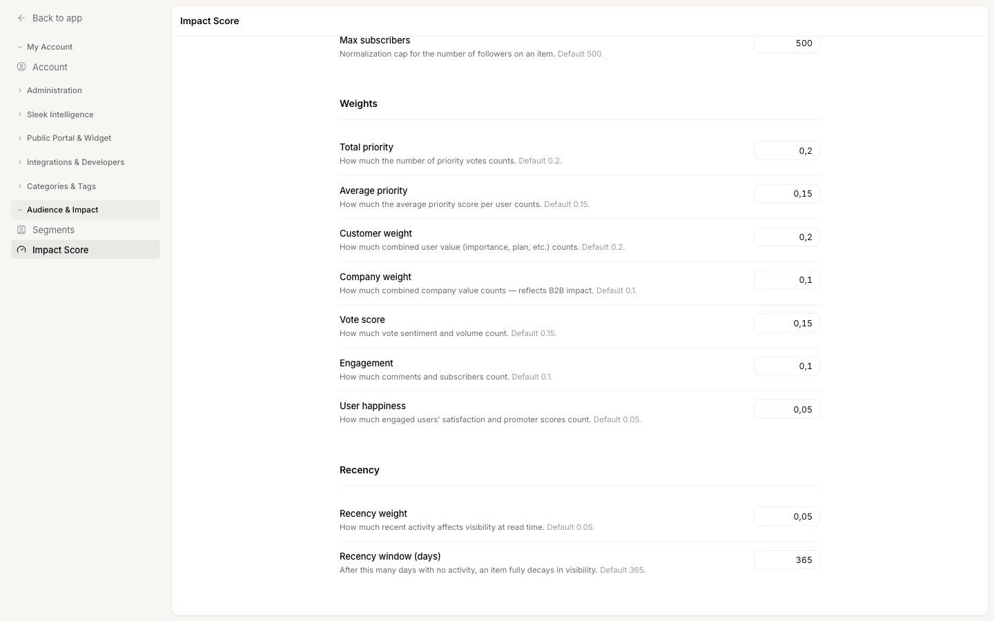 The Weights and Recency sections of the Impact Score settings