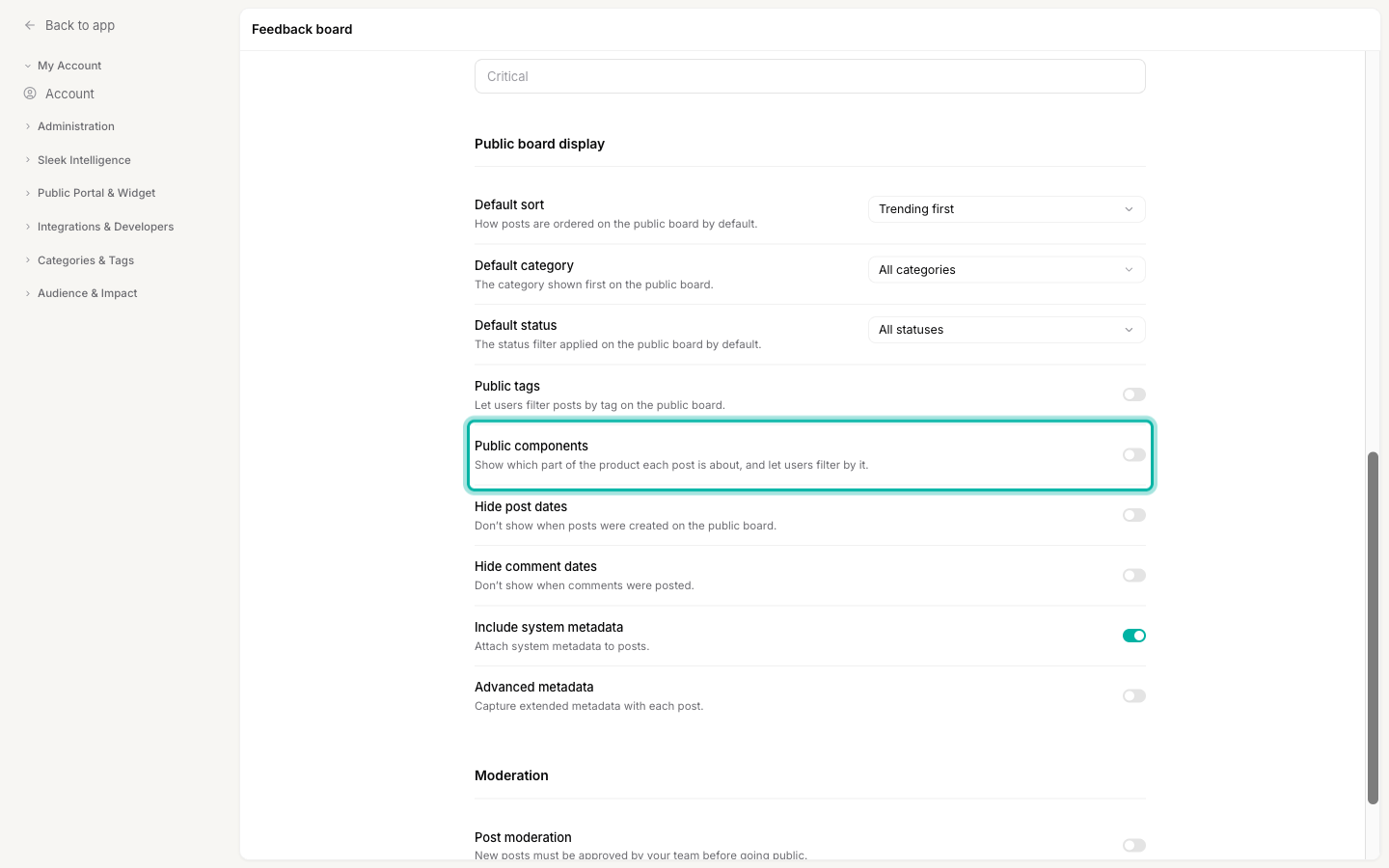 The Feedback board settings, Public board display section, with the Public components toggle highlighted