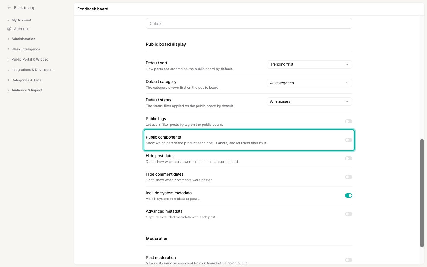 The Feedback board settings, Public board display section, with the Public components toggle highlighted