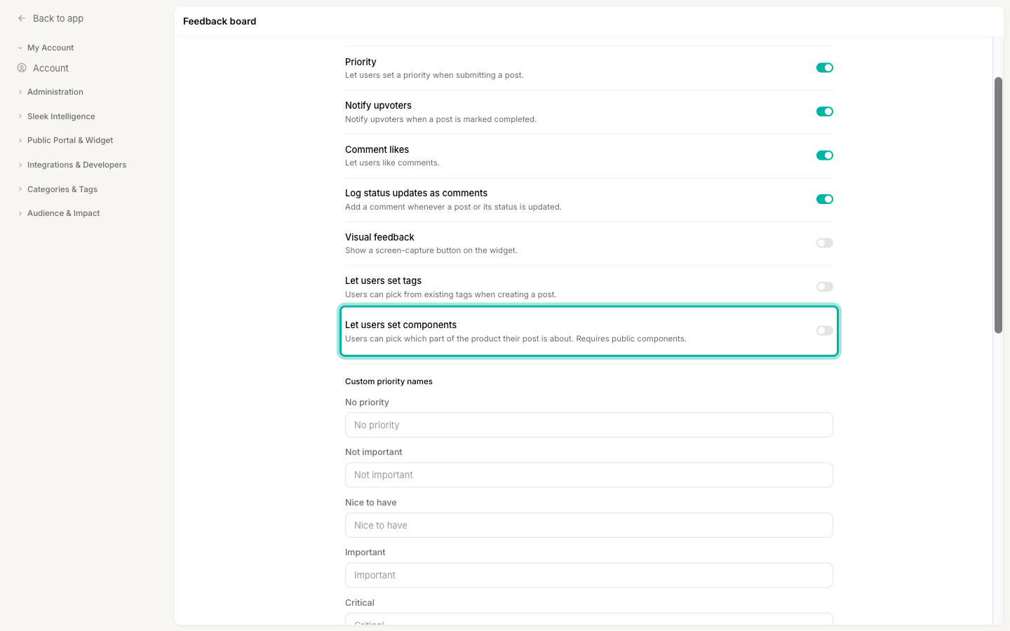 The Feedback board settings, Submission and voting section, with the Let users set components toggle highlighted