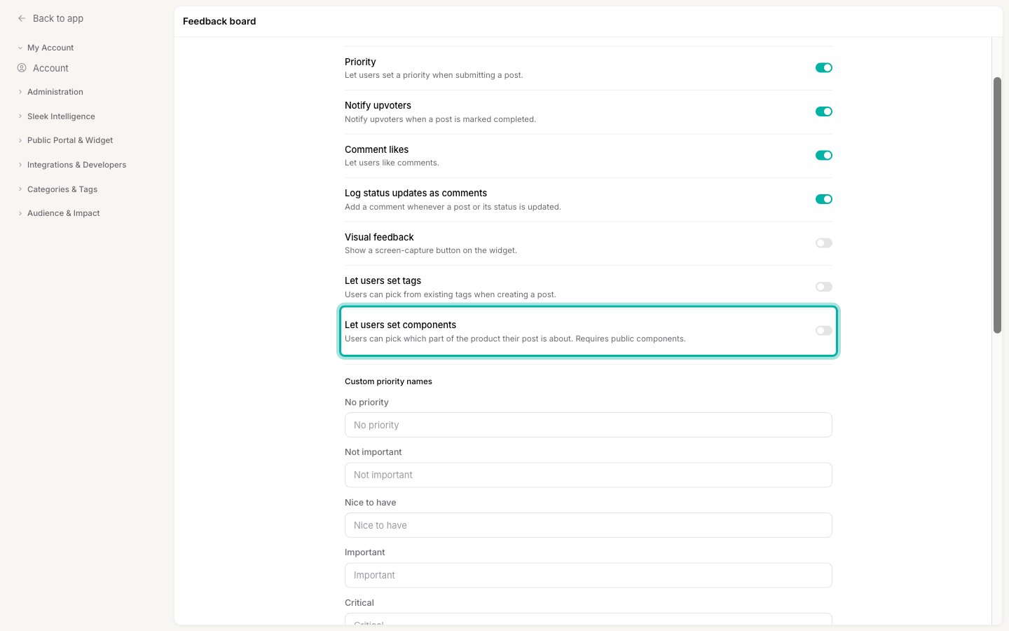 The Feedback board settings, Submission and voting section, with the Let users set components toggle highlighted