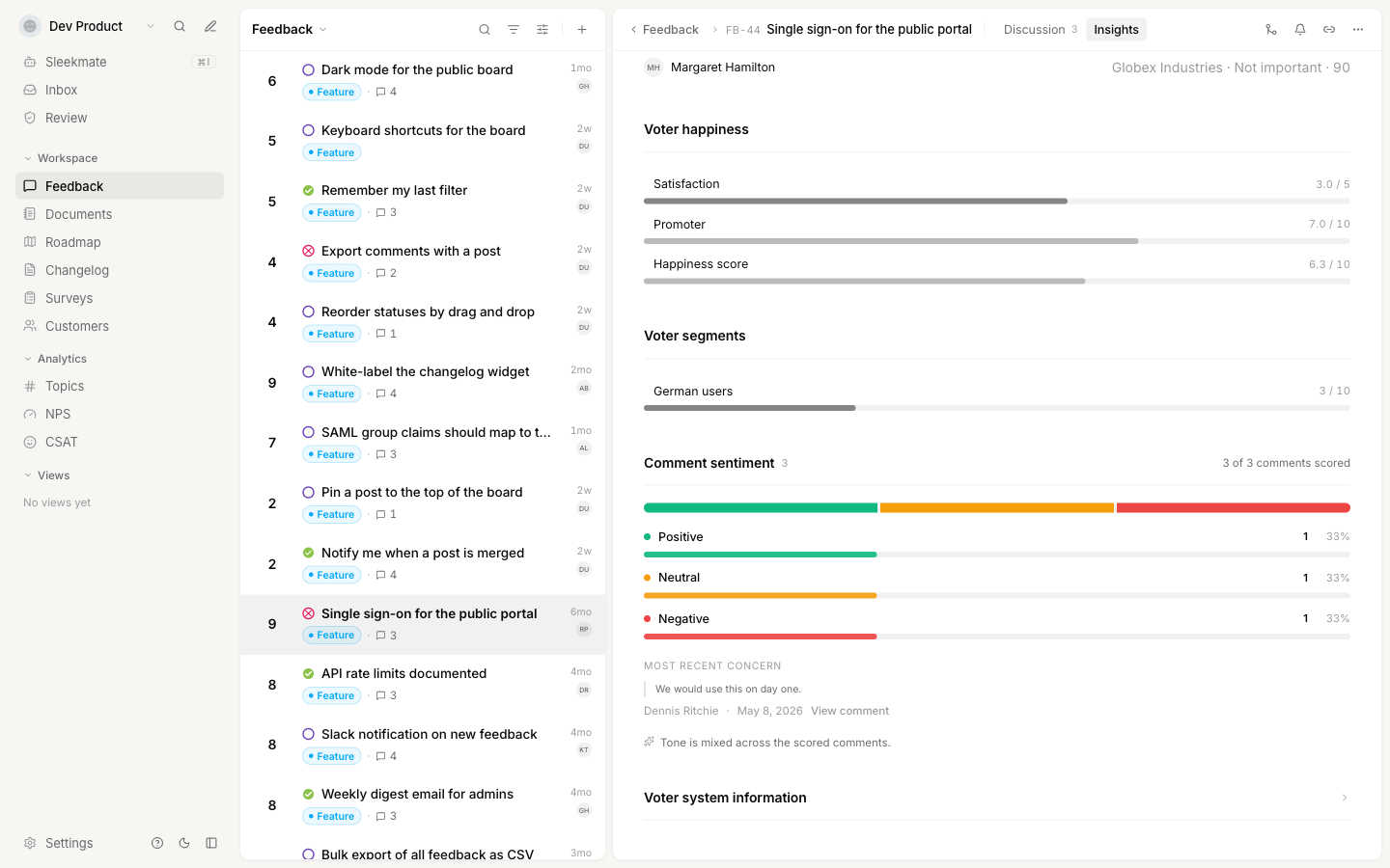 The Comment sentiment block with the positive, neutral and negative split and the most recent concern
