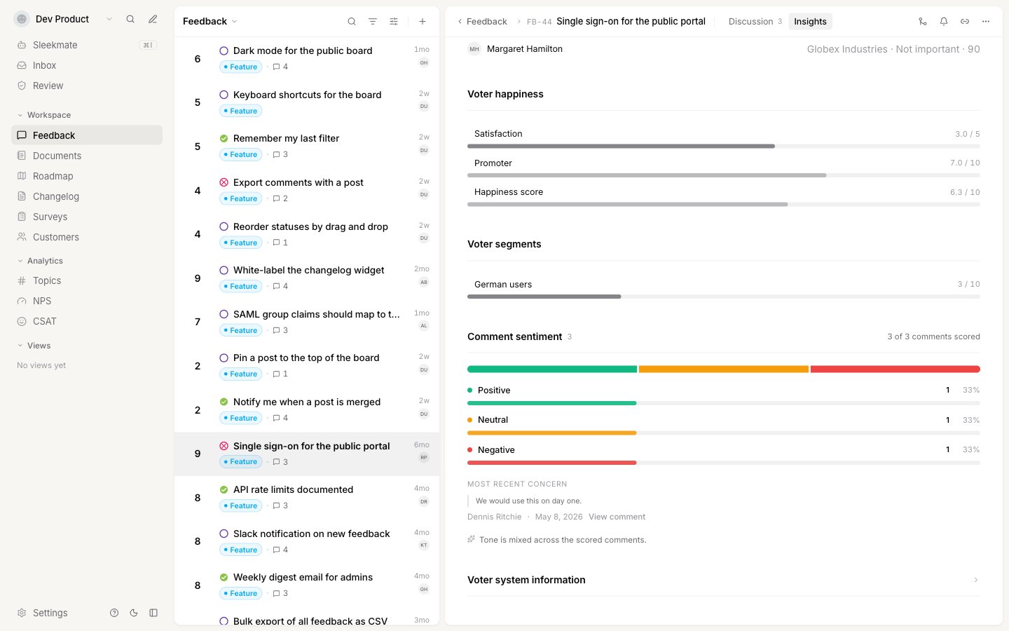 The Comment sentiment block with the positive, neutral and negative split and the most recent concern