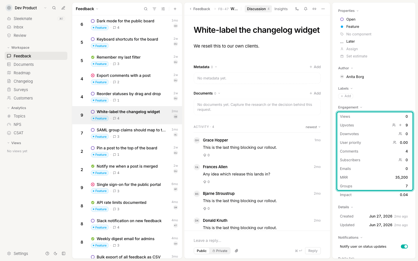 A feedback post with the Engagement section of the sidebar highlighted, showing Views, Emails, MRR and Groups