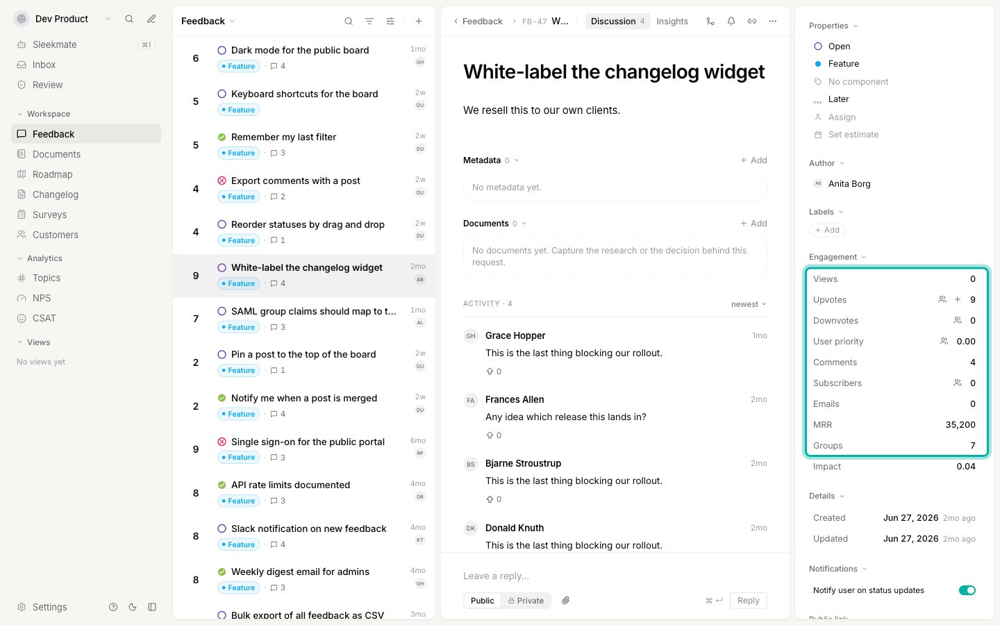 A feedback post with the Engagement section of the sidebar highlighted, showing Views, Emails, MRR and Groups