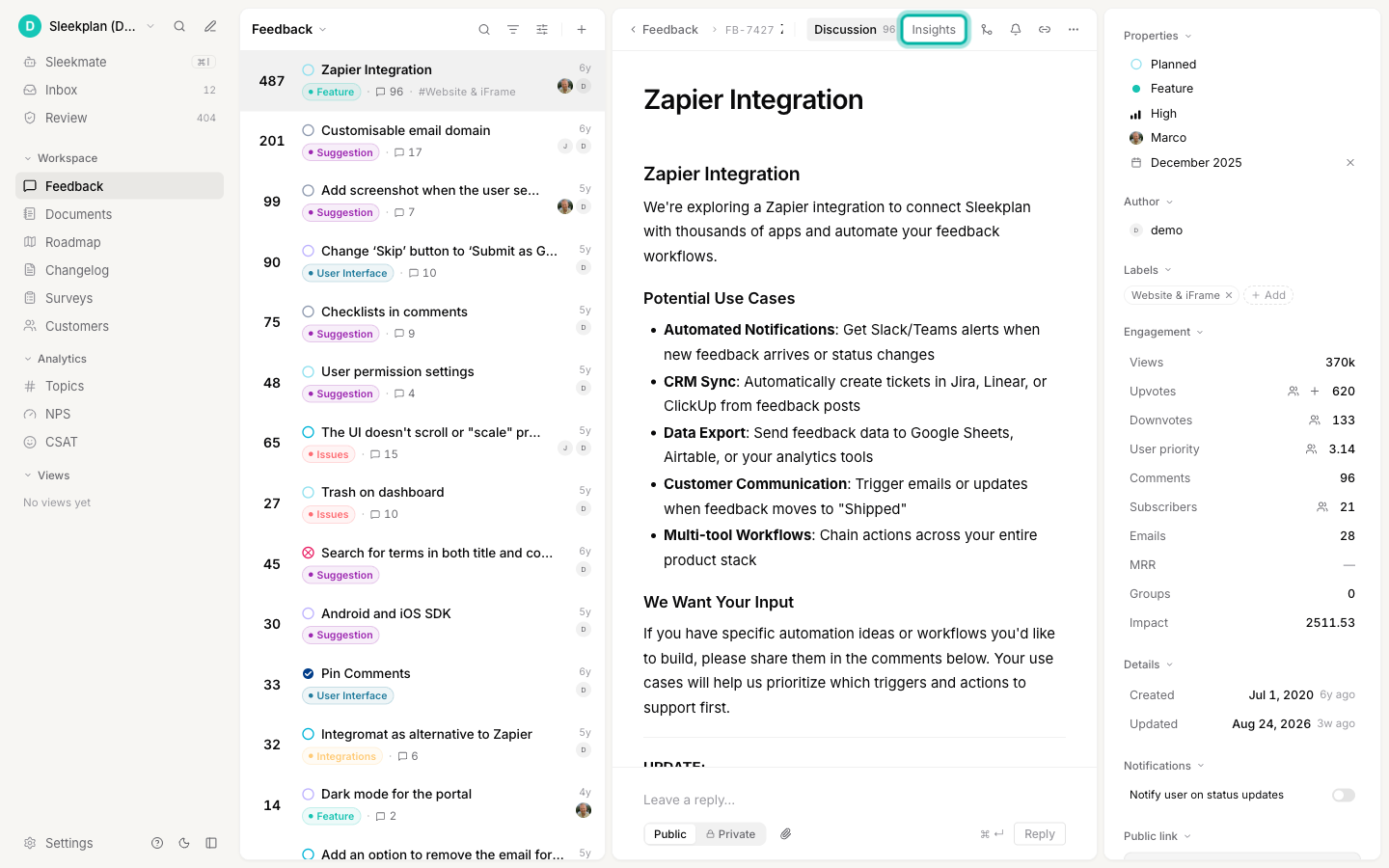 A feedback post open in the admin dashboard with the Insights tab highlighted next to the Discussion tab
