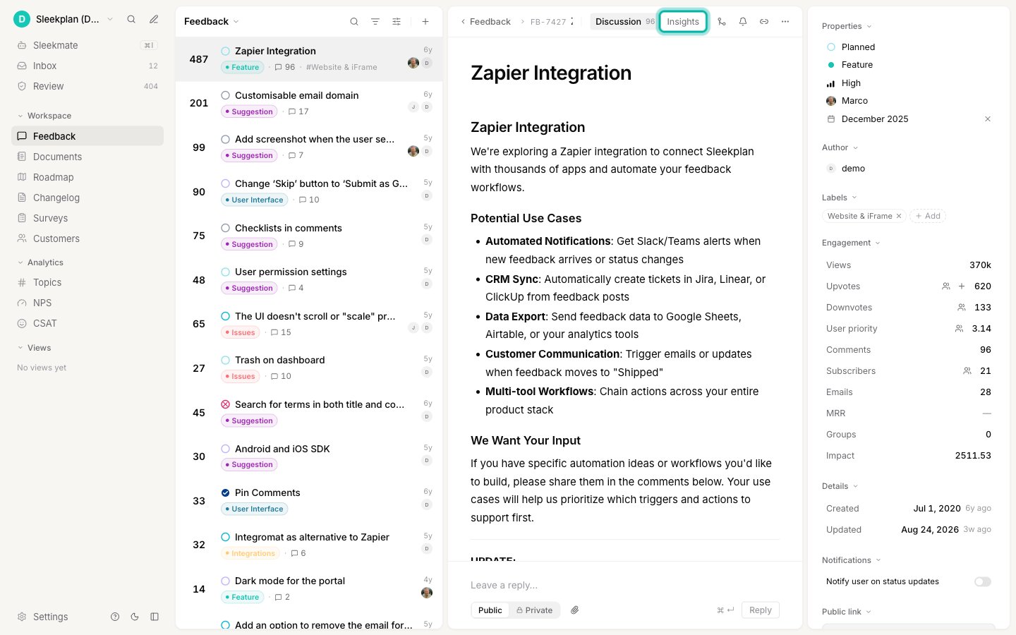 A feedback post open in the admin dashboard with the Insights tab highlighted next to the Discussion tab
