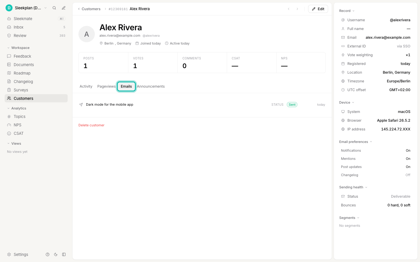 A customer profile with the Emails tab highlighted, between Pageviews and Announcements