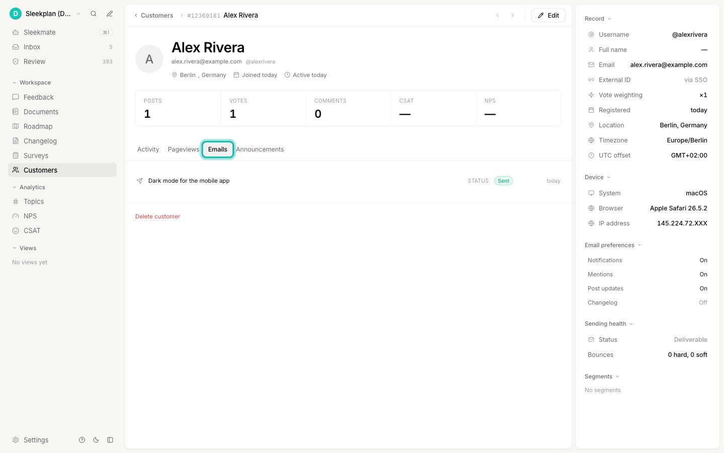 A customer profile with the Emails tab highlighted, between Pageviews and Announcements