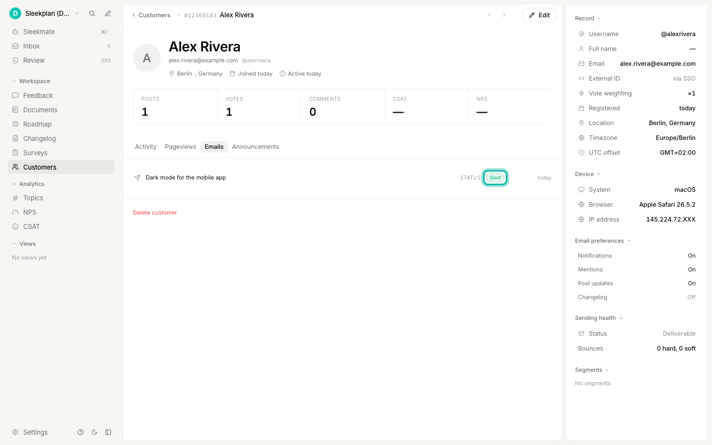 The Emails tab listing a status update notification with a green Sent pill