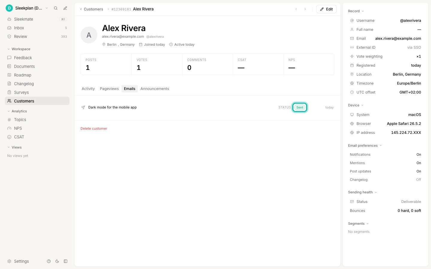 The Emails tab listing a status update notification with a green Sent pill