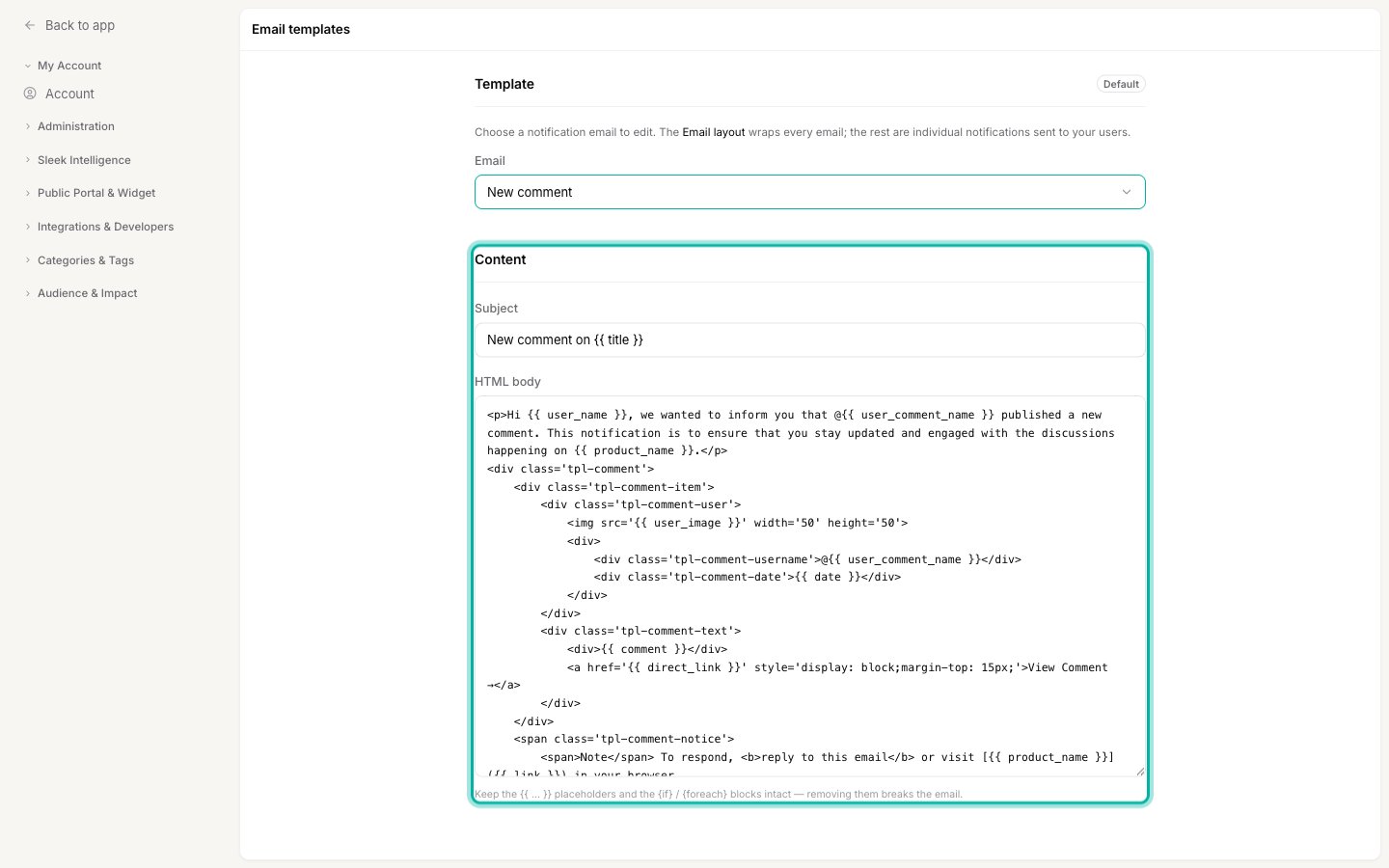 The Content section with the Subject field and HTML body editor highlighted for the New comment email