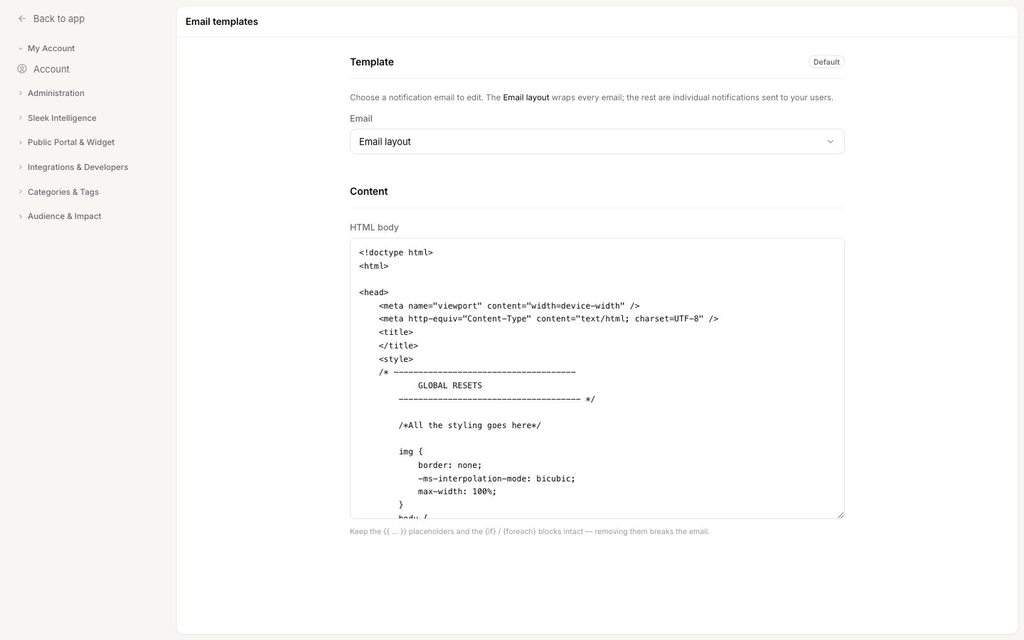 The Email templates settings page showing the template picker and the HTML body editor