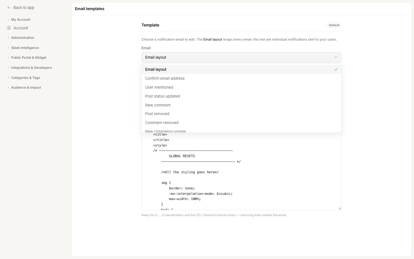 The Email dropdown open, listing the email layout and each individual notification email