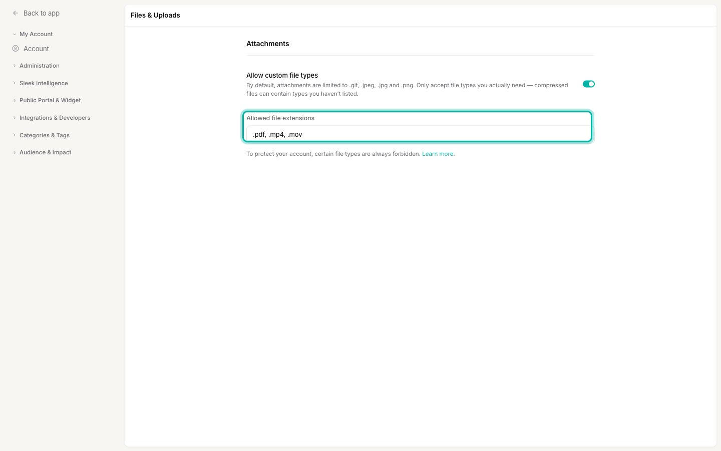 The allowed file extensions field with a comma-separated list