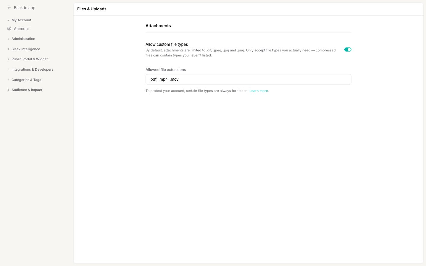 The Files & Uploads settings page with the Attachments section