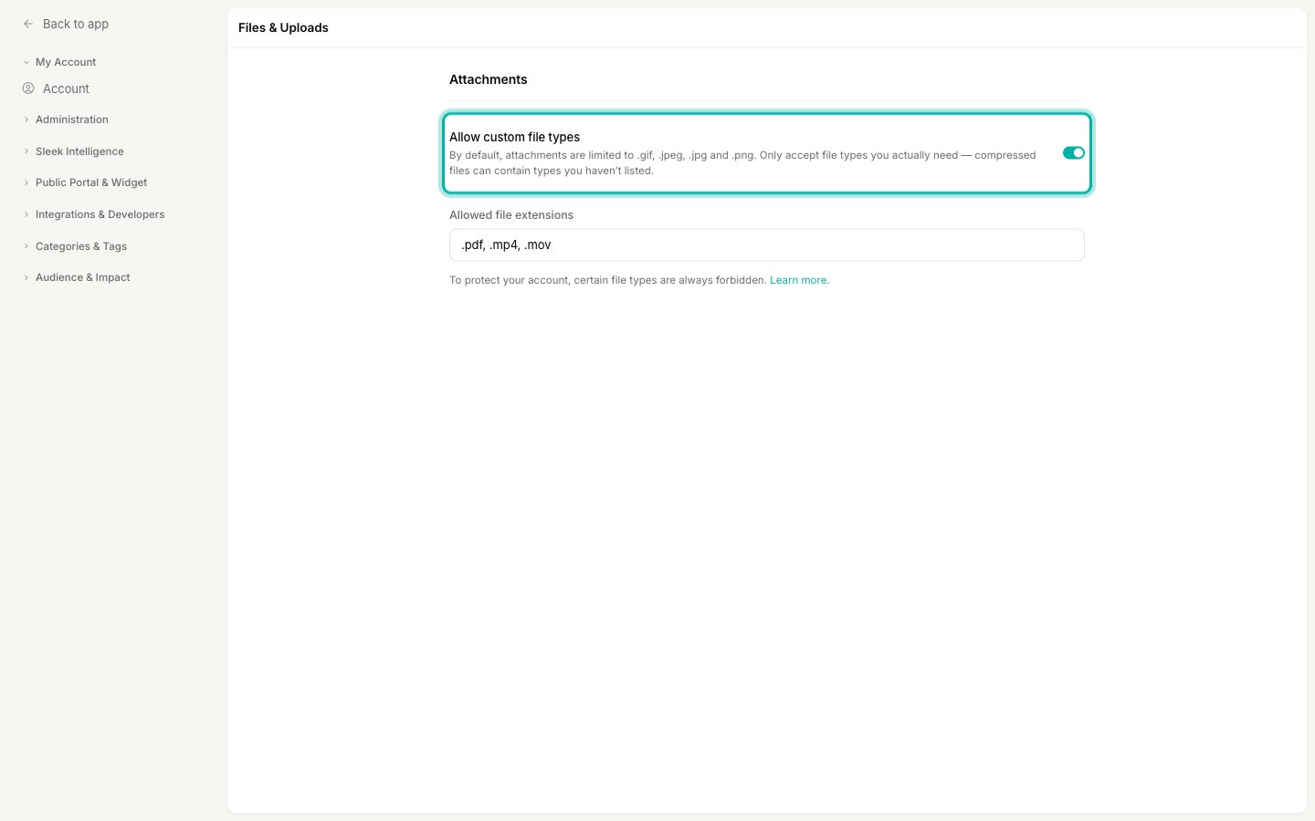 The Allow custom file types toggle switched on