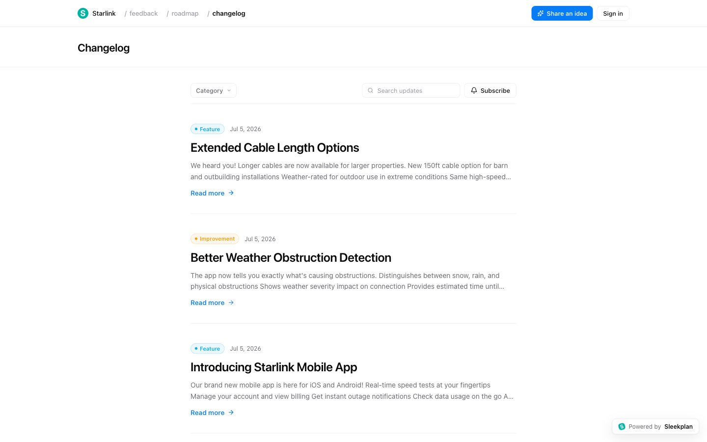 The public changelog page on a Sleekplan portal, showing recent entries