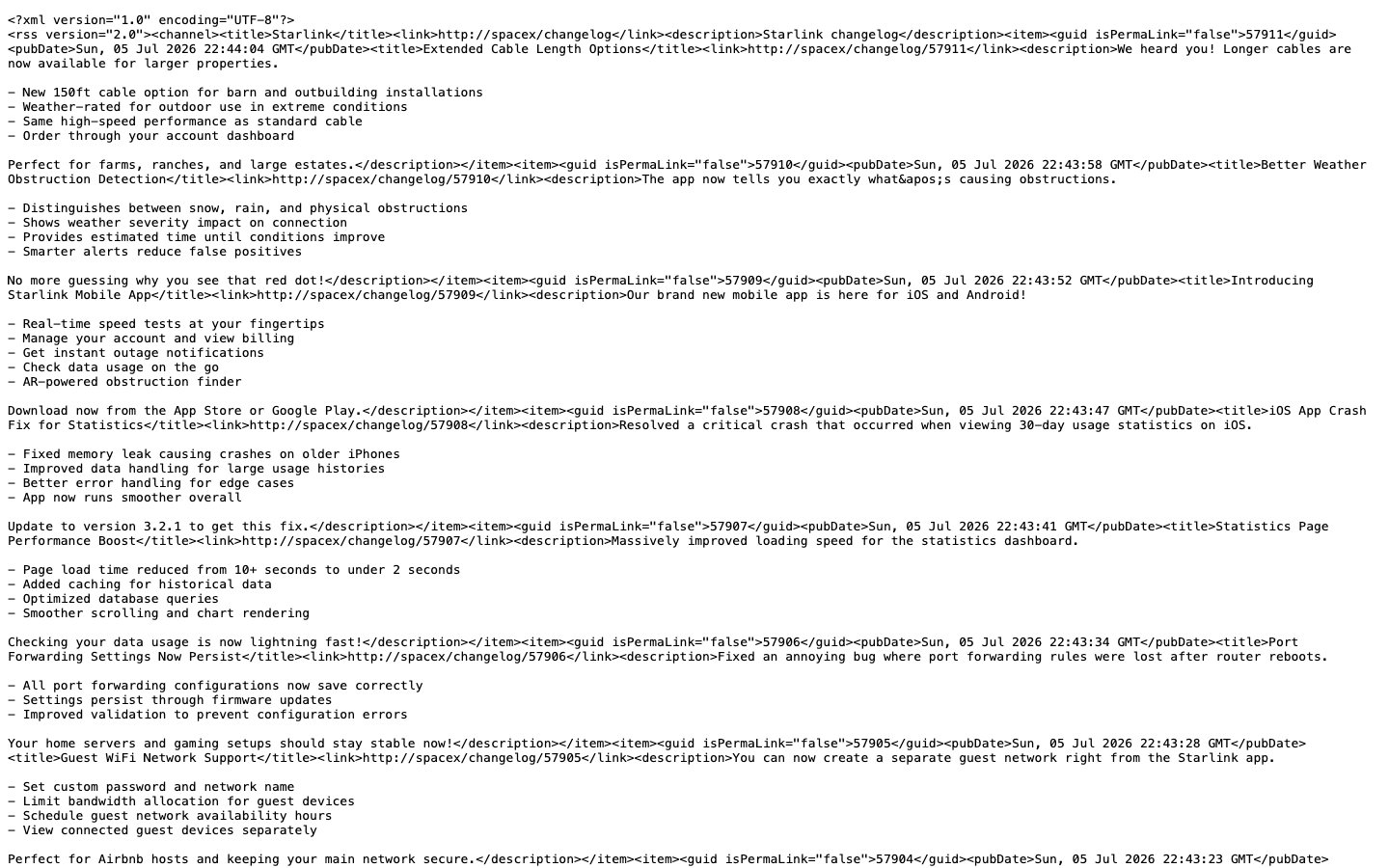 The raw changelog RSS feed shown as XML in the browser