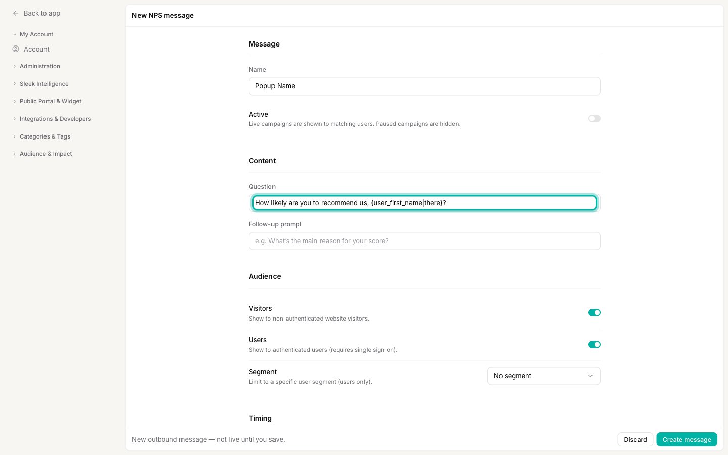The NPS outbound message editor with a variable inside the Question field: How likely are you to recommend us, user_first_name|there?