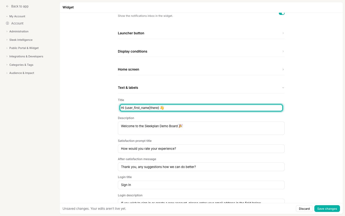 The widget Text & labels section with a variable typed into the Title field, showing Hi user_first_name|there 👋