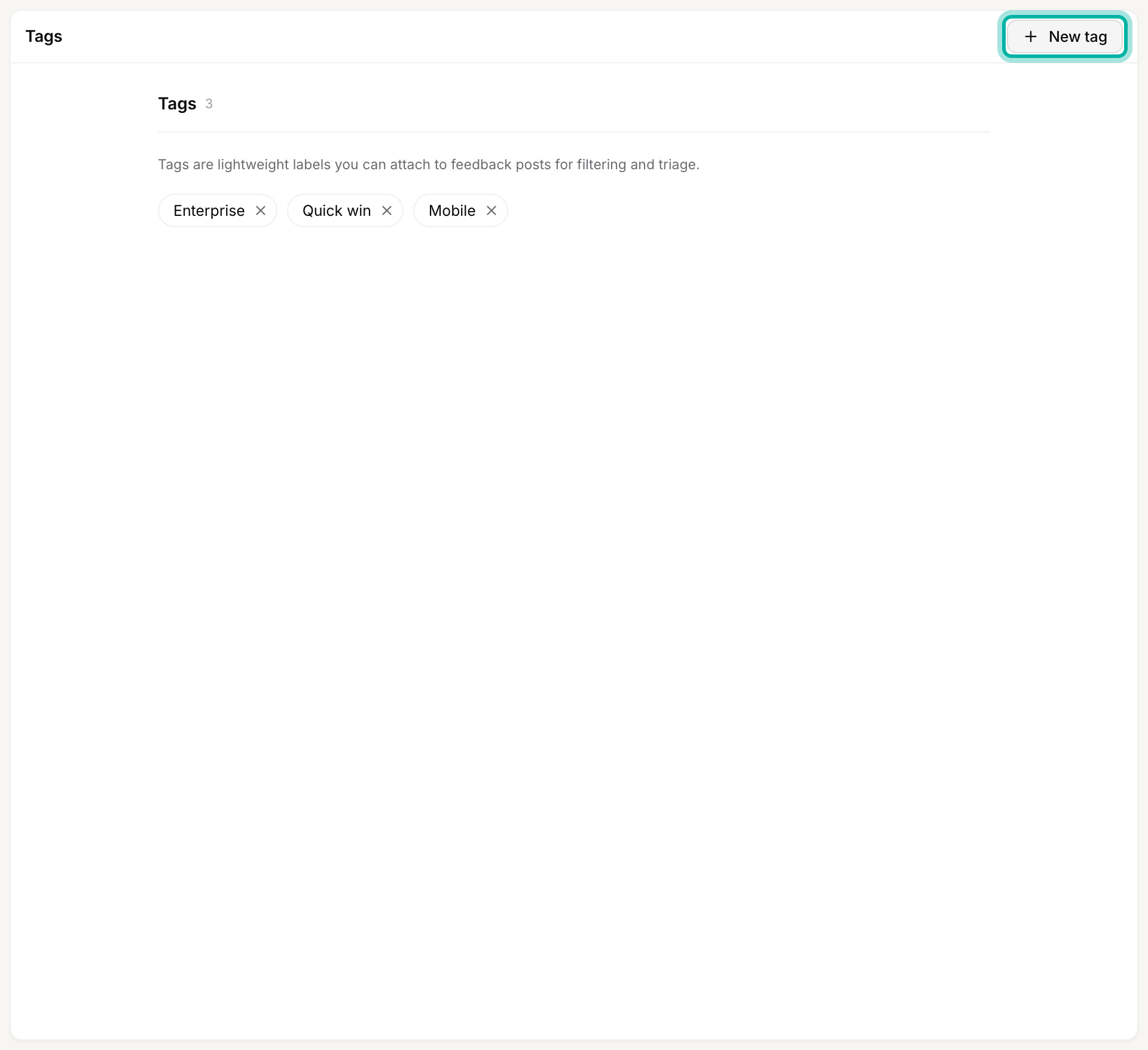 The Tags settings page showing Enterprise, Quick win, and Mobile tag chips, with the New tag button highlighted
