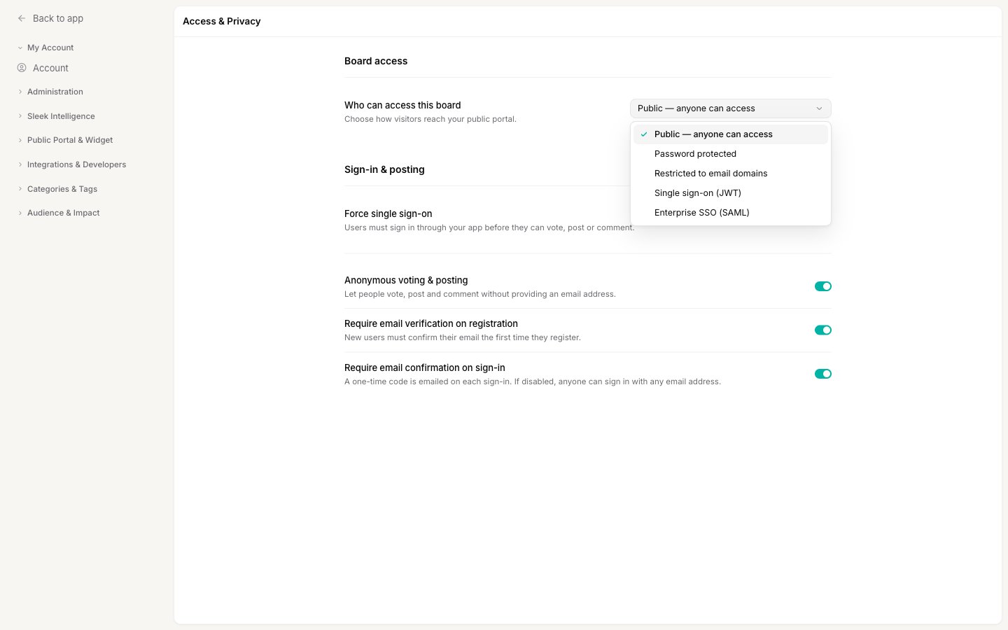 The Who can access this board dropdown open, showing the five access options: Public, Password protected, Restricted to email domains, Single sign-on (JWT), and Enterprise SSO (SAML)