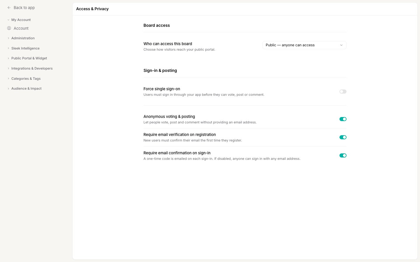 The Access & Privacy settings page, showing the Board access and Sign-in & posting sections
