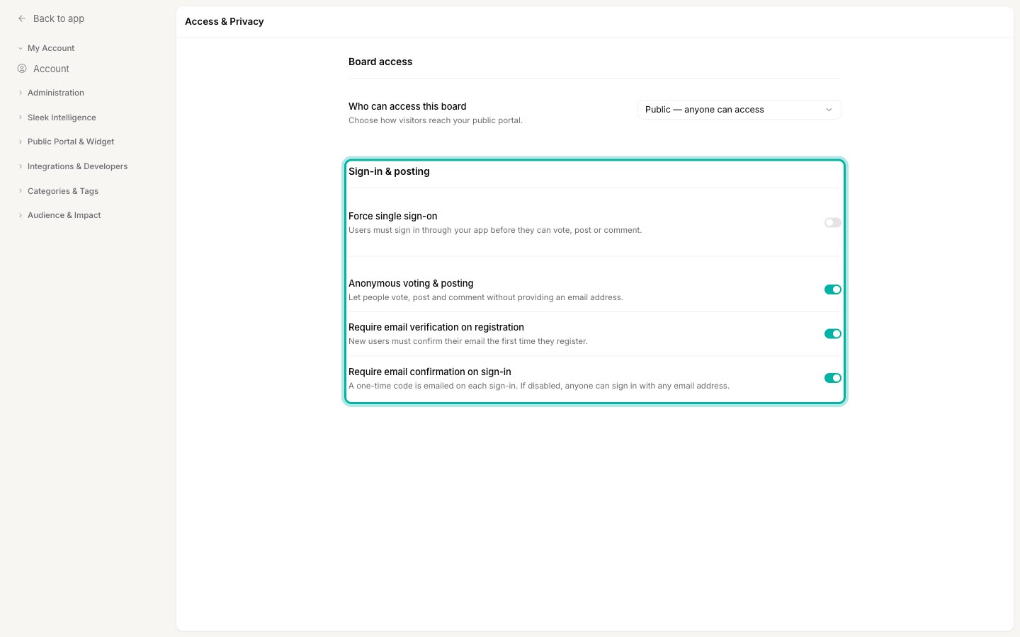 The Sign-in & posting section highlighted, showing the Force single sign-on, Anonymous voting & posting, email verification, and email confirmation toggles