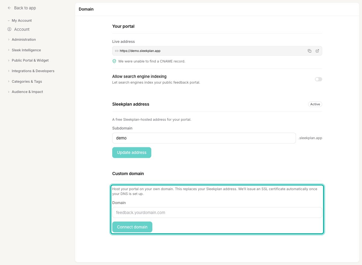 The Custom domain section of the Domain settings, with the domain field and Connect domain button highlighted