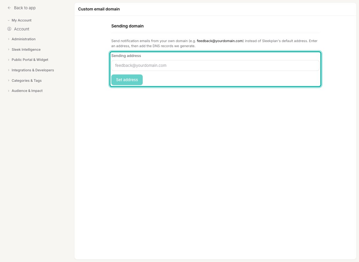 The Custom email domain settings page with the sending address field and Set address button highlighted