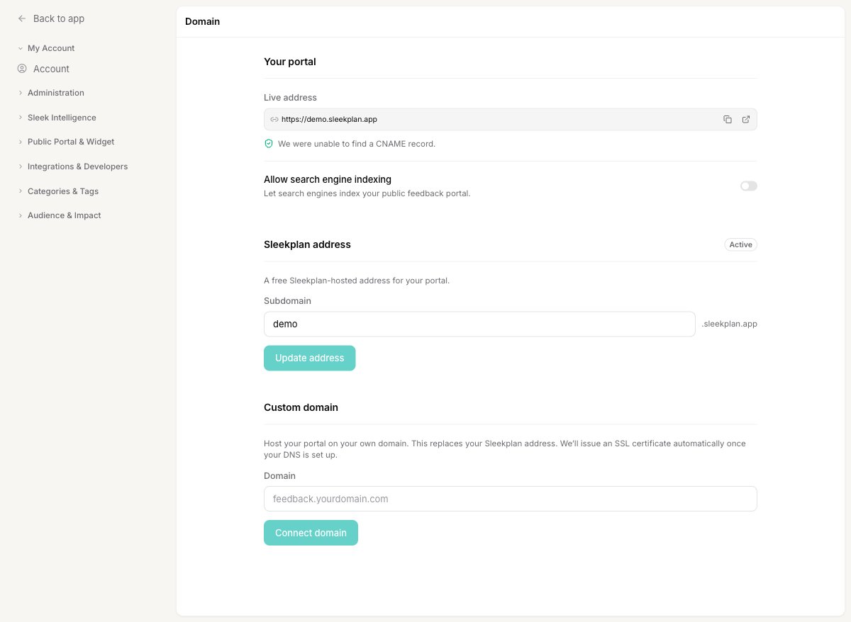The Domain settings page showing the live address, the Sleekplan address, and the Custom domain section