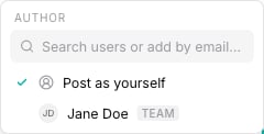 The Author picker with "Post as yourself" and a team member
