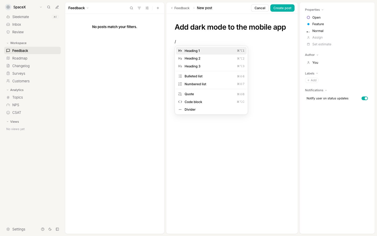 The slash command menu open in the post description