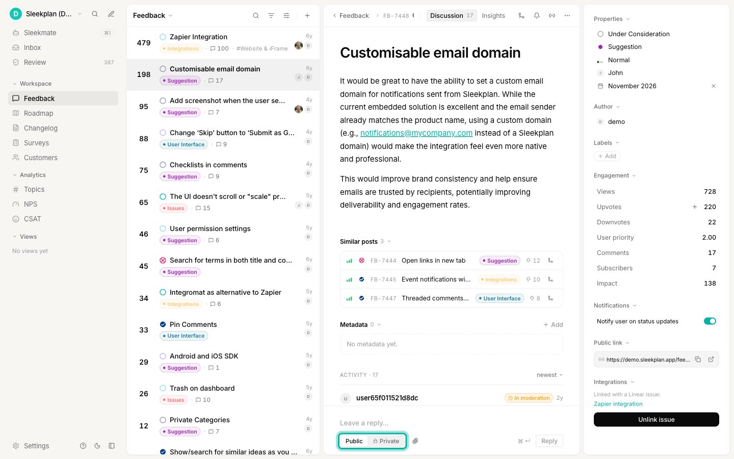 A feedback post open on the Discussion tab, with the comment thread and the Public/Private reply box at the bottom