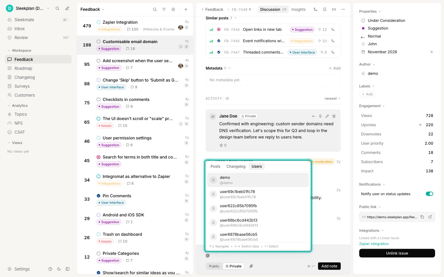 The @ mention menu open on the Users tab, listing people you can mention in a comment
