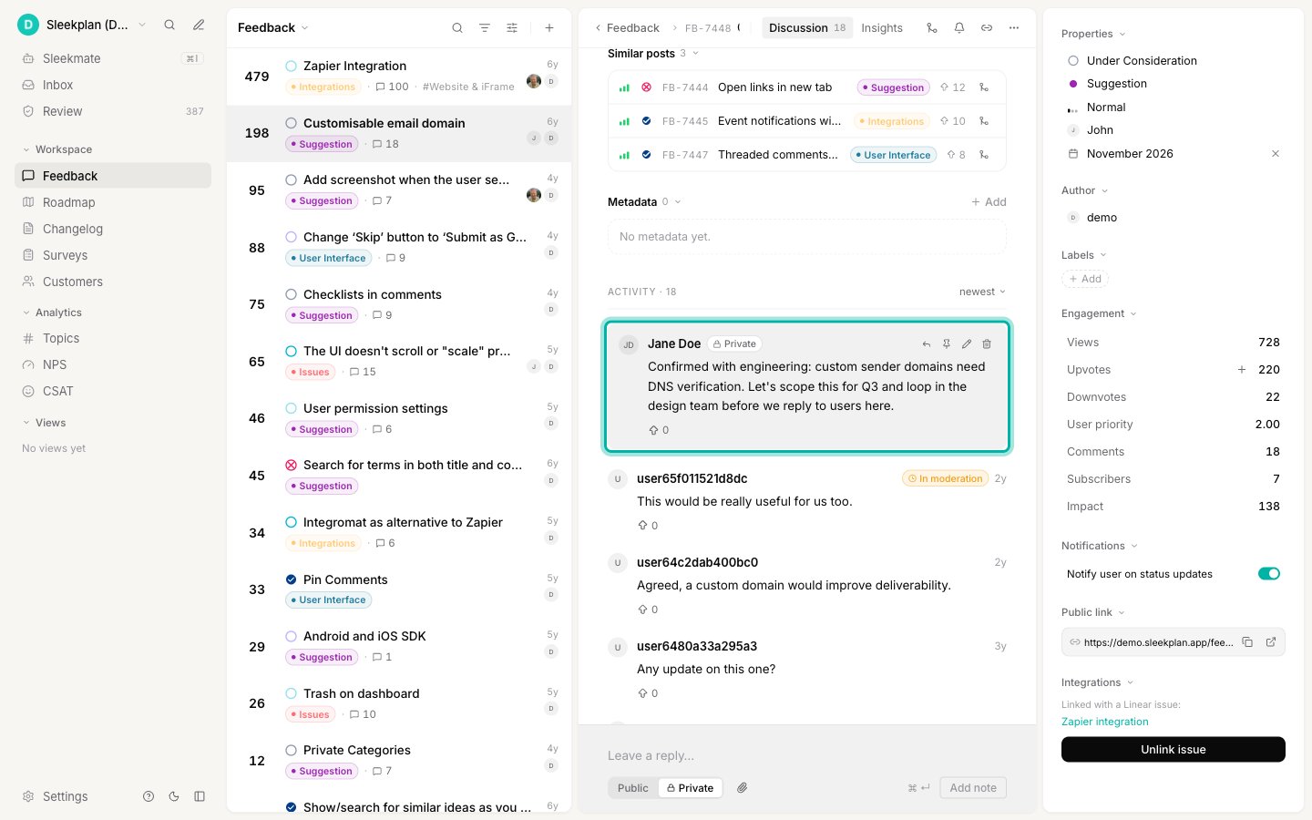 A private note in the thread with a Private lock badge and a shaded background, next to public user comments