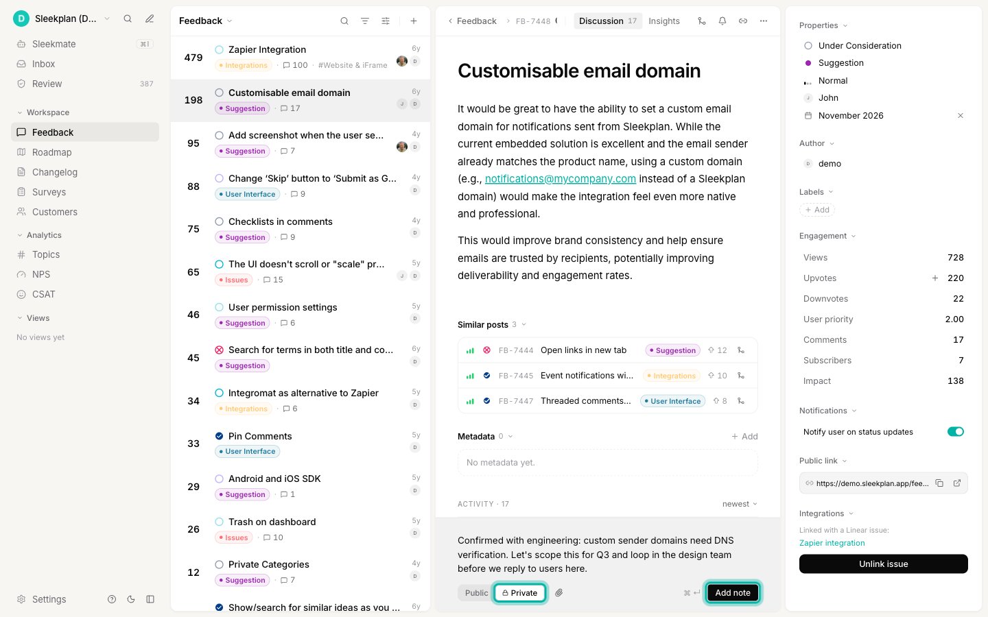 The reply box switched to Private, showing the "Write an internal note" placeholder and the Add note button