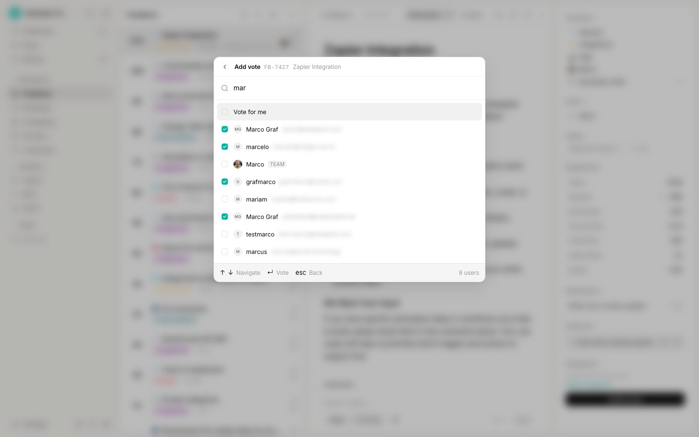 The Add vote picker with a search field and matching users
