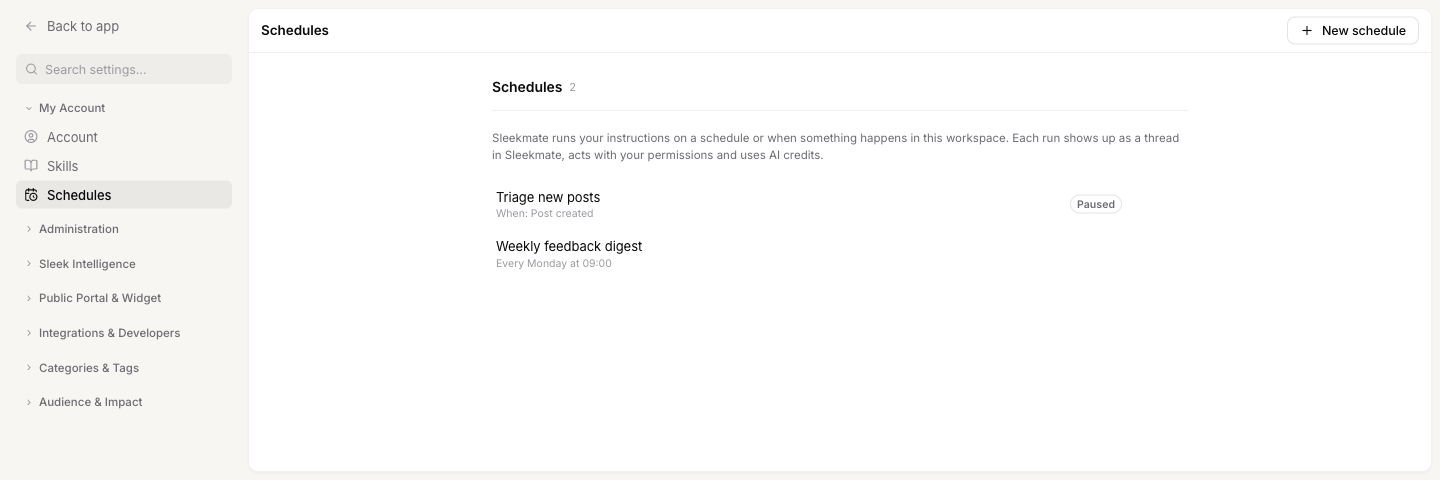The Schedules page with a paused event schedule and an active weekly schedule