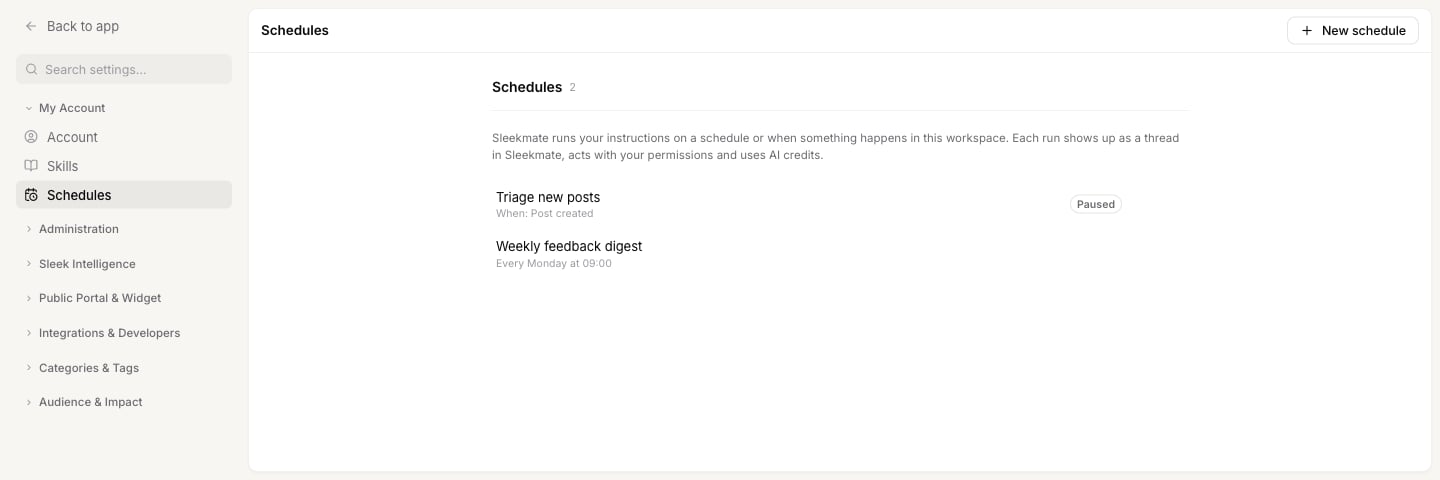 The Schedules page with a paused event schedule and an active weekly schedule