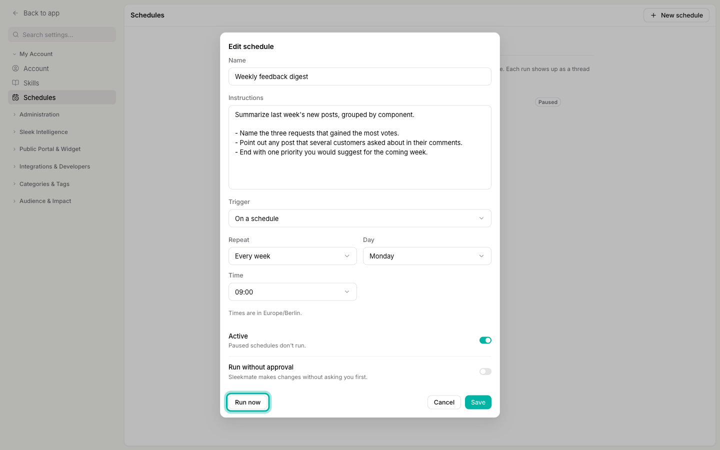 The Edit schedule dialog with the Run now button highlighted