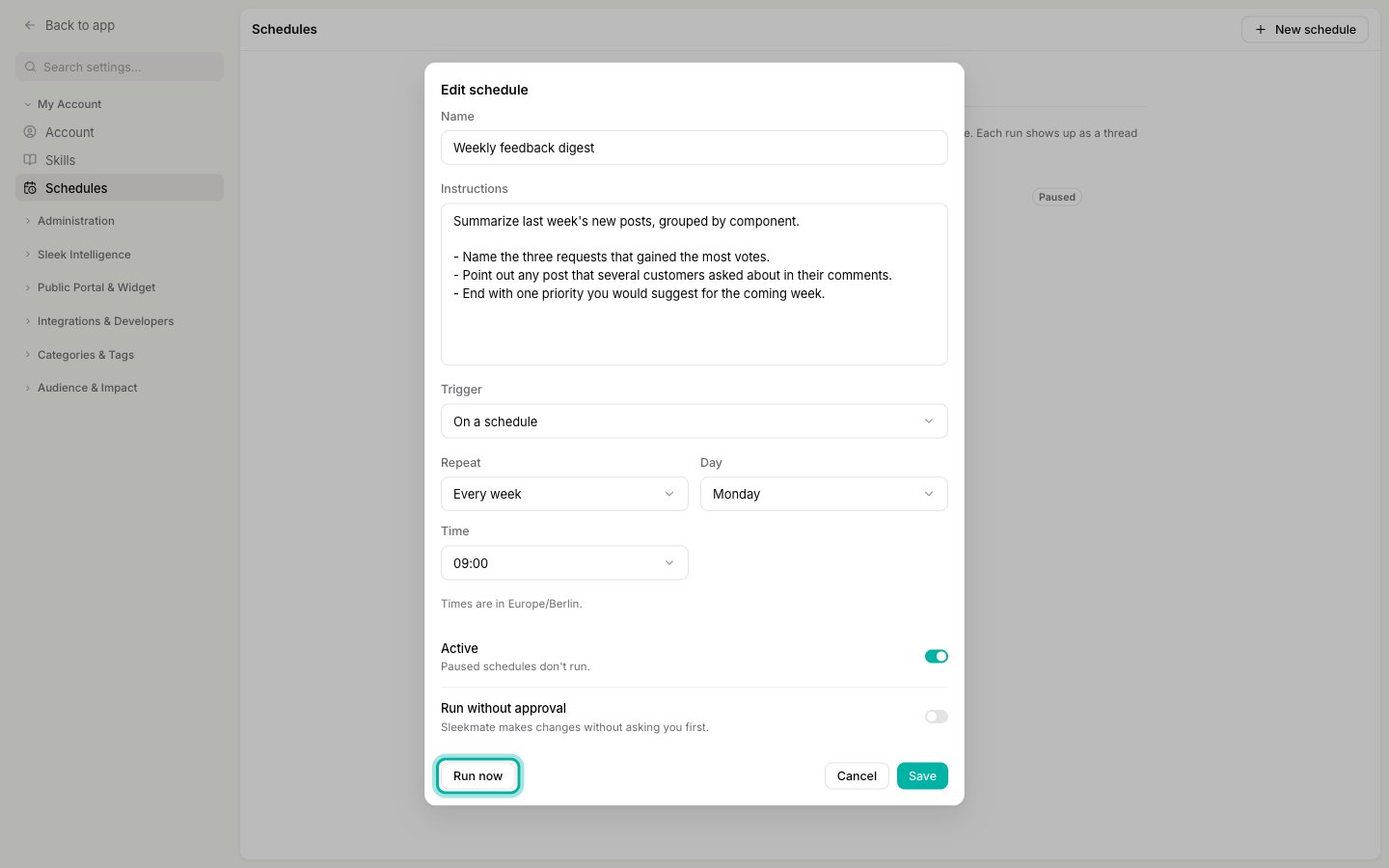 The Edit schedule dialog with the Run now button highlighted